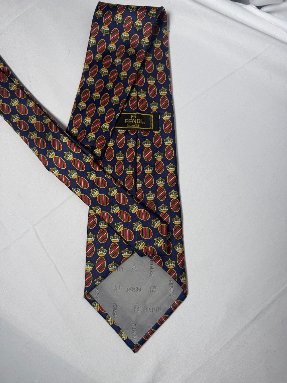 Fendi Navy Tie with Red and Gold Crest Motif